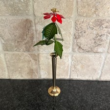 Vtg Ted Arnold Ltd Brass Metal Enamel Poinsettia Flower Bud Vase Christmas MCM picture