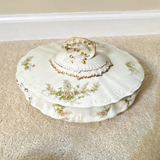 White Oval Floral Glazed Ceramic Tureen w/ Lid, Handles, Gold Trim picture