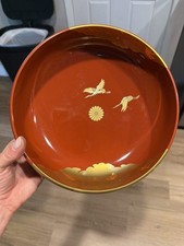 STUNNING Yamanaka Red Circular Cranes Vermilion Lacquer Bowl 9.1in Japan w/box picture