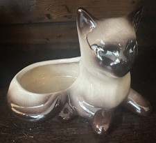 Vtg Siamese Cat Kitten Planter Brown/cream Blue Eyes 7.5” MCM Kitty Cottage Core picture