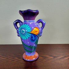 Mexican Hand Painted Terra Cotta Clay Pottery Vase 7 Inches Tall Floral Glossy picture