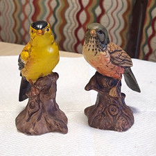 Pair of Bird Figurines Decor on Tree Stump Bases, Yellow & Brown picture