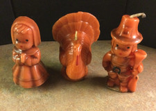 Vintage THANKSGIVING GURLEY Tavern Candles 3.25” - 2 PILGRIMS & 1 TURKEY picture