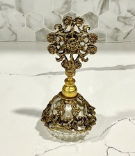 Vintage Hollywood Regency Gold Filigree Crystal Perfume Bottle Screw Top Dauber picture
