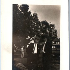c1910s Outdoor Gangster Men RPPC Cool Guys Newsboy Cap Boat House Photo PC picture