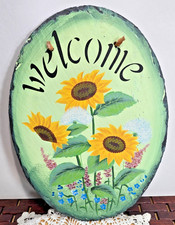 Hand-Painted Oval Roofing Slate Plaque Featuring Vibrant yellow sunflowers picture