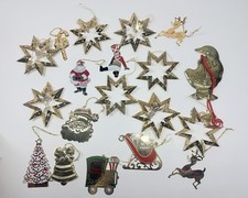 Vintage Lot Of 19 Christmas Ornaments Gold Brass Metal Duchin Santa Goose Stars picture