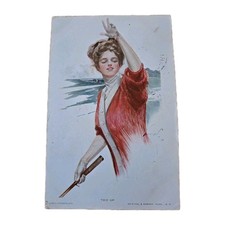 c1911 Pretty Woman Holding Golf Club Red Dress Antique Postcard picture