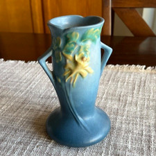 Vintage Roseville Pottery Blue 1941 Columbine 6 inch Vase style 13-6 Cottagecore picture