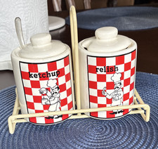 Vintage Red Checkered Chef Condiment Jars Set Ketchup Relish Caddy Japan MCM BBQ picture