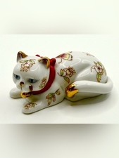 Vintage Franklin Mint Satsuma Style Cat Porcelain Floral Kitty Gold Trim, 1988 picture
