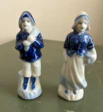 Vintage Blue & White Porcelain/Ceramic Boy & Girl Salt Pepper Shakers Japan picture