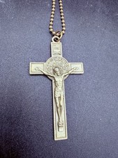 Large Lined Beveled Bronze St Benedict Crucifix Cross Necklace picture