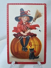 Antique 1910 Halloween Postcard Frances Brundage Witch Black Cat 1911 St Paul PM picture