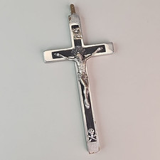 Vintage Pectoral Crucifix Ebony Wood Cross Silver Tone Metal 4.75