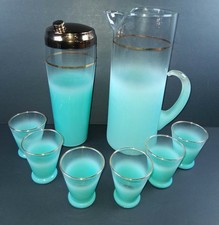 RARE Atomic West Virginia Blendo Turquoise 8pc Barware Set Cocktail Shaker Glass picture