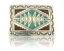 Vintage Navajo Belt Buckle 925 Silver Inlaid Gemstone Signed Stanley Bain C.80's picture