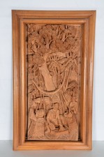 Asian Vintage High Relief 3D Hand Carved Wood Panel Framed 20.25”X35”X4” Heavy picture