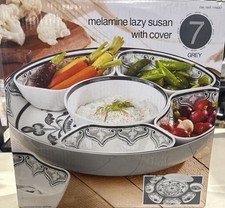 NIB Melamine Lazy Susan 7pc Grey Serving Set Rotating Snack Tray W/ Cover picture