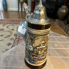 KING Salzburg Austria Beer Stein Hand Painted Relief Pewter Lid COA New Conditio picture