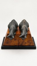 Vintage Bronze Cat Bookends Burl Wood Bases Postmodern Art Deco Revival picture