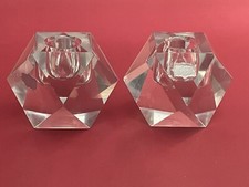 Faceted MCM 1950s 2 Candleholders Hand Cut Crystal Glass Geometric Germany picture