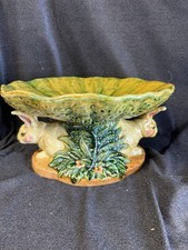 Vintage Double Rabbit Hare Bunny Majolica Compote Centerpiece Dish 12 x 6.5 picture