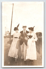 Photo Two Women and Man Out For a Stroll Fashion Antique Vintage 1910s picture