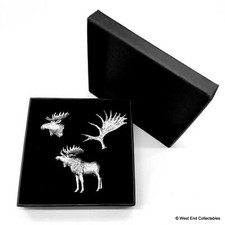 3 x Moose Elk Caribou Antler Silver Pewter Brooch Gift Set Box Handmade Reindeer picture