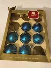 Vintage Shiny Brite Glass Blue Christmas Ornaments Set of 7 with Box 1965 picture