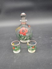 VTG Bohemian Art Deco Hand Painted Enamel Floral Glass Decanter & 2 Glasses  picture