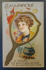 1913 Stecher 248 D Antique Halloween Postcard Woman Hand Mirror Witch Black Cat  picture