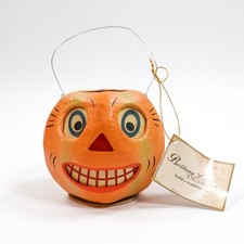 Bethany Lowe Striped Pumpkin Bucket JOL Halloween Retro Paper Mache NEW picture