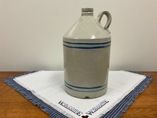 Antique Stoneware 1 Gallon Jug Whisky Crock Blue Bands Stripes and Handle picture