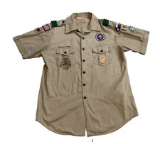 BOY SCOUT Leader Tan Uniform SHIRT ~ Mens Large ~ Brown Buttons Short Sleeve picture