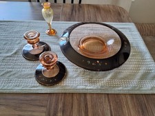 Vintage Console bowl,candle holders and Vase amber/pink art deco hand painted picture