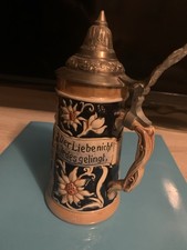 Vintage Gerz-1949-1960s WGermany 3D Pottery Stein Pewter Lid-Glossy-Hand Painted picture