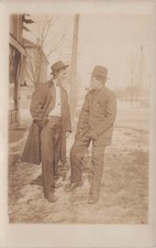 Antique Photo Two Men Bowler Hats Smoking Pipe Street Portrait RPPC Postcard 7A picture