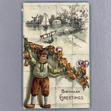 Antique Embossed German Birthday Greetings Postcard Boy Flowers Boat Post Card picture