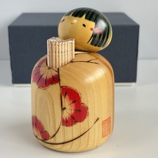 Vintage Usaburo Kokeshi Doll Japanese Folk Art Cute Girl Wooden Toothpick Holder picture