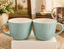 Set of 2 DOWAN Ceramic Coffee Mugs 17 oz Turquoise Light Blue Ribbed  picture