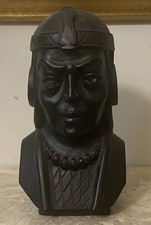 Vintage Signed Atahualpa Hand Carved Wood Bust Incan Andean Man Statue 8” Tall picture