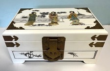 Fabulous White Chinese Oriental Jewelry Box w Carved Jade Geishas Hand Painted picture