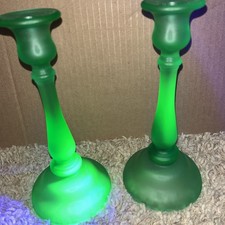 Pair Of Vintage Green Glass Candleholders UV Reactive Glow picture