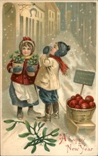 New Year's Children with Potted Plants Winter Scene c1910s-20s Vintage Postcard picture