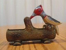 VINTAGE  1950'S  C.I.  METAL  WOODPECKER ON LOG TOOTHPICK  HOLDER/DISPENSER picture
