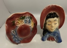 Set of 2 Royal Copley Ceramic Lady Wall Planter Hat & Head Vase 1950's picture