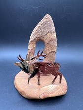 Elk Caribou Metal Art Southwestern Sandstone Figurine Paperweight Vintage picture