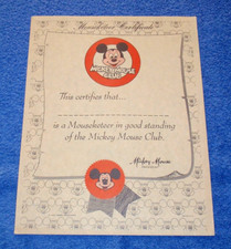 ORIGINAL UNUSED DISNEY MICKEY MOUSE CLUB HONORARY MOUSEKETEER CERTIFICATE - (B) picture