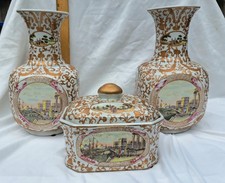 Vintage Pair of Chinese Porcelain Vases & Lidded Box, 3 Matching Pieces picture